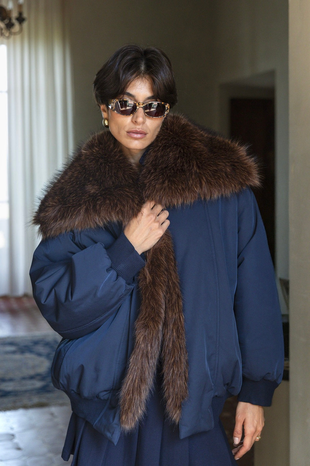 Padded Faux-Fur-Trim Jacket Blue