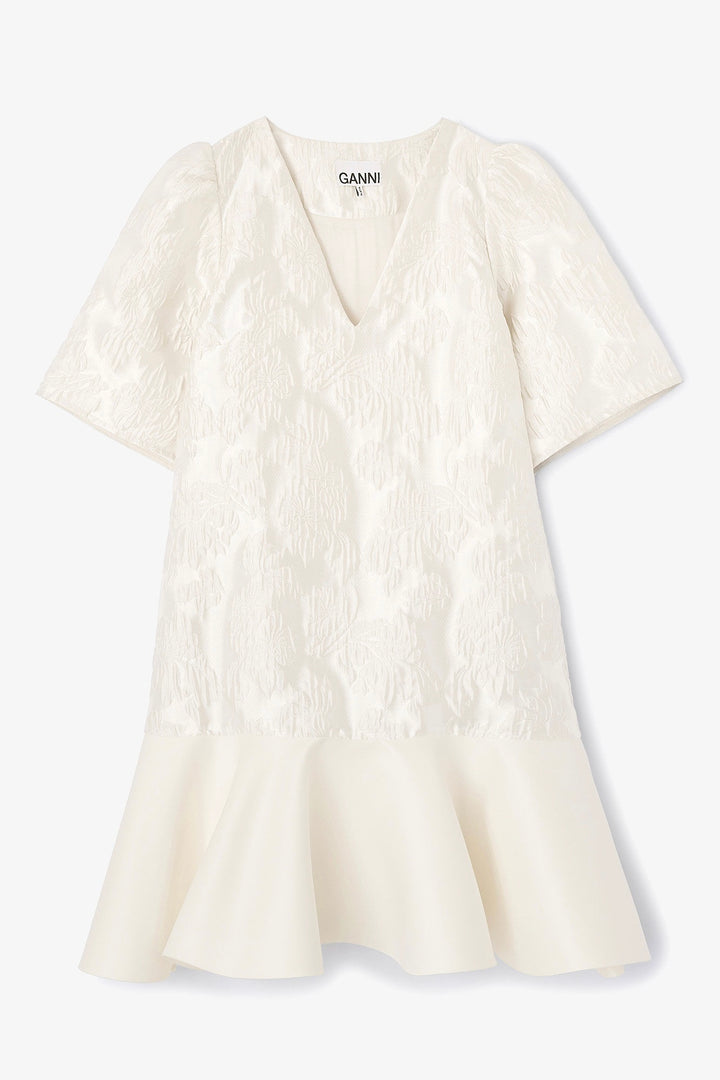 Satin Cloque Mini V-neck Dress