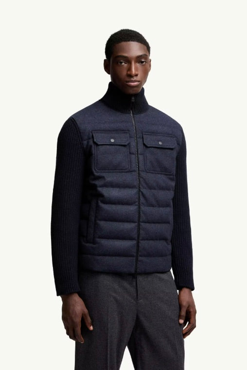 Padded Wool Zip-up Cardigan Navy Blue