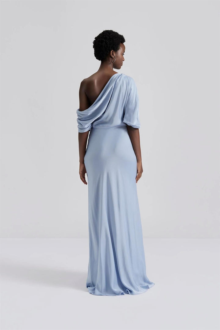 Marisa Asymmetrical Satin Maxi Dress Dusty Blue