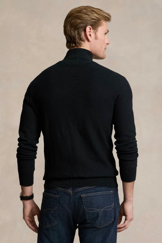 Mesh-Knit Cotton Quarter-Zip Jumper Polo Black