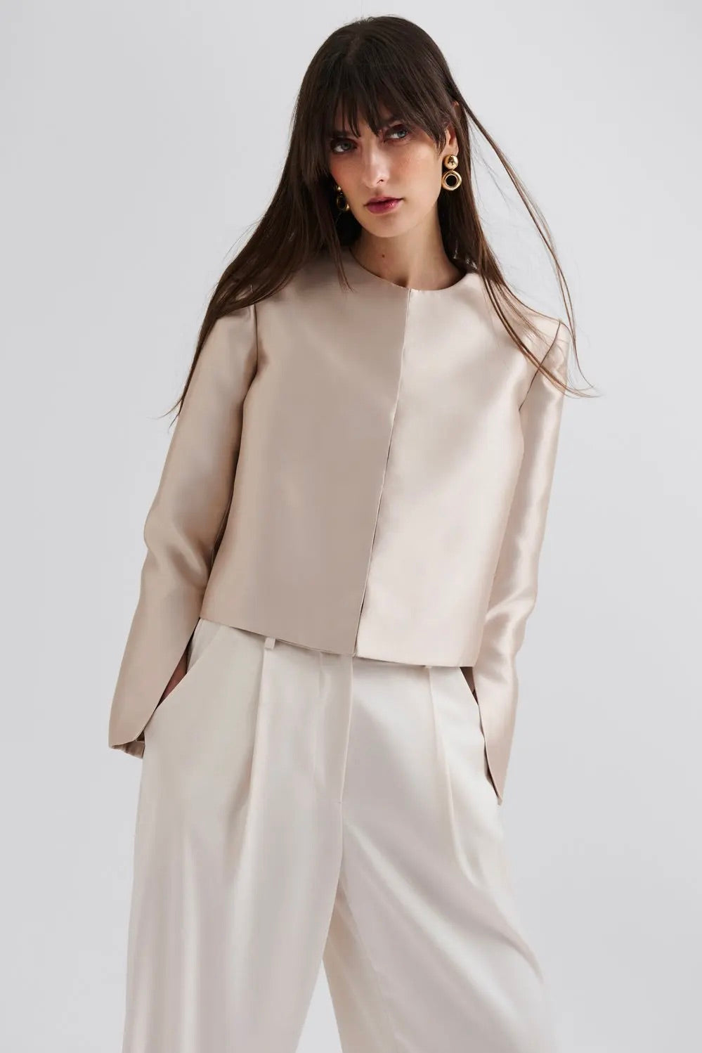 BY MALINA Ruthie Cropped Long Sleeve Blouse Soft Beige - Dale
