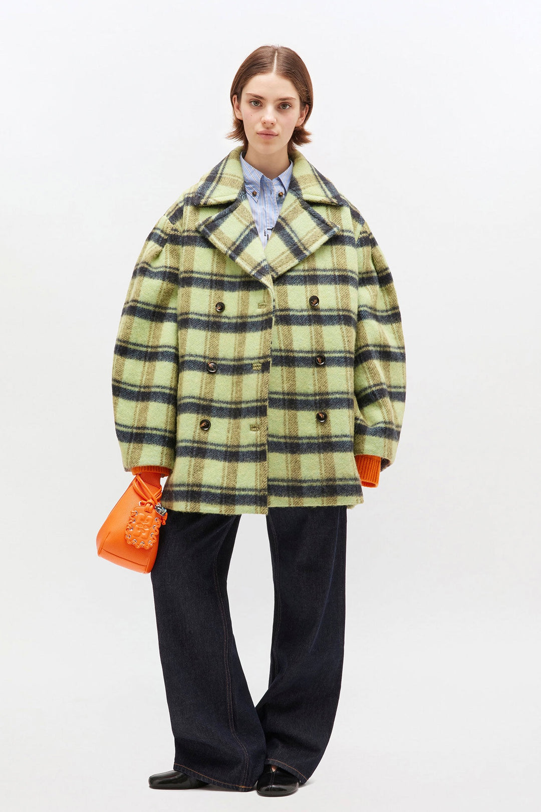 Brushed Wool Check Midi Coat