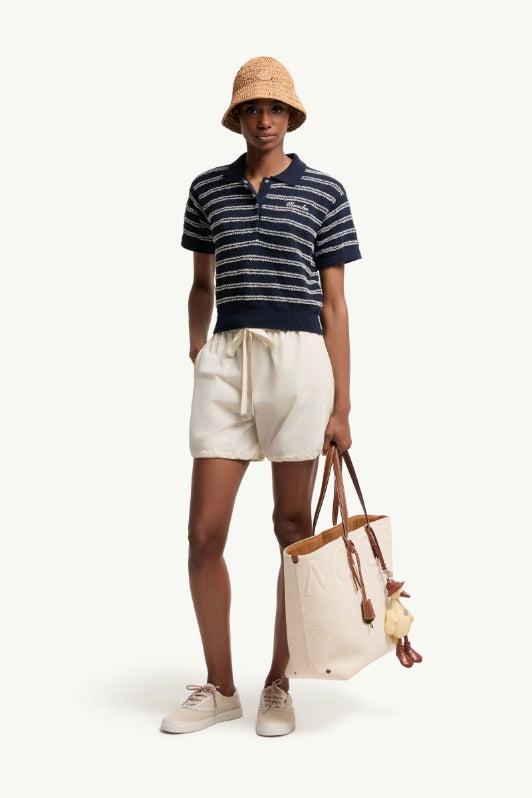 Cotton Blend Bouclé Crêpe Polo Shirt Navy