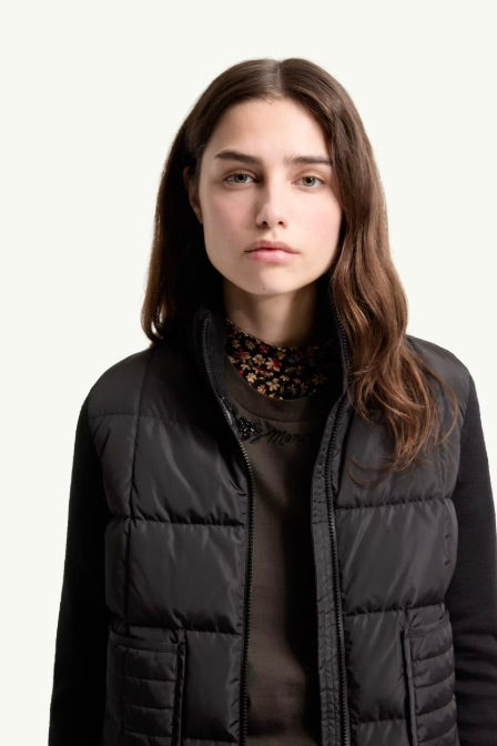 Square-Quilted Padded Wool Zip-Up Cardigan Black