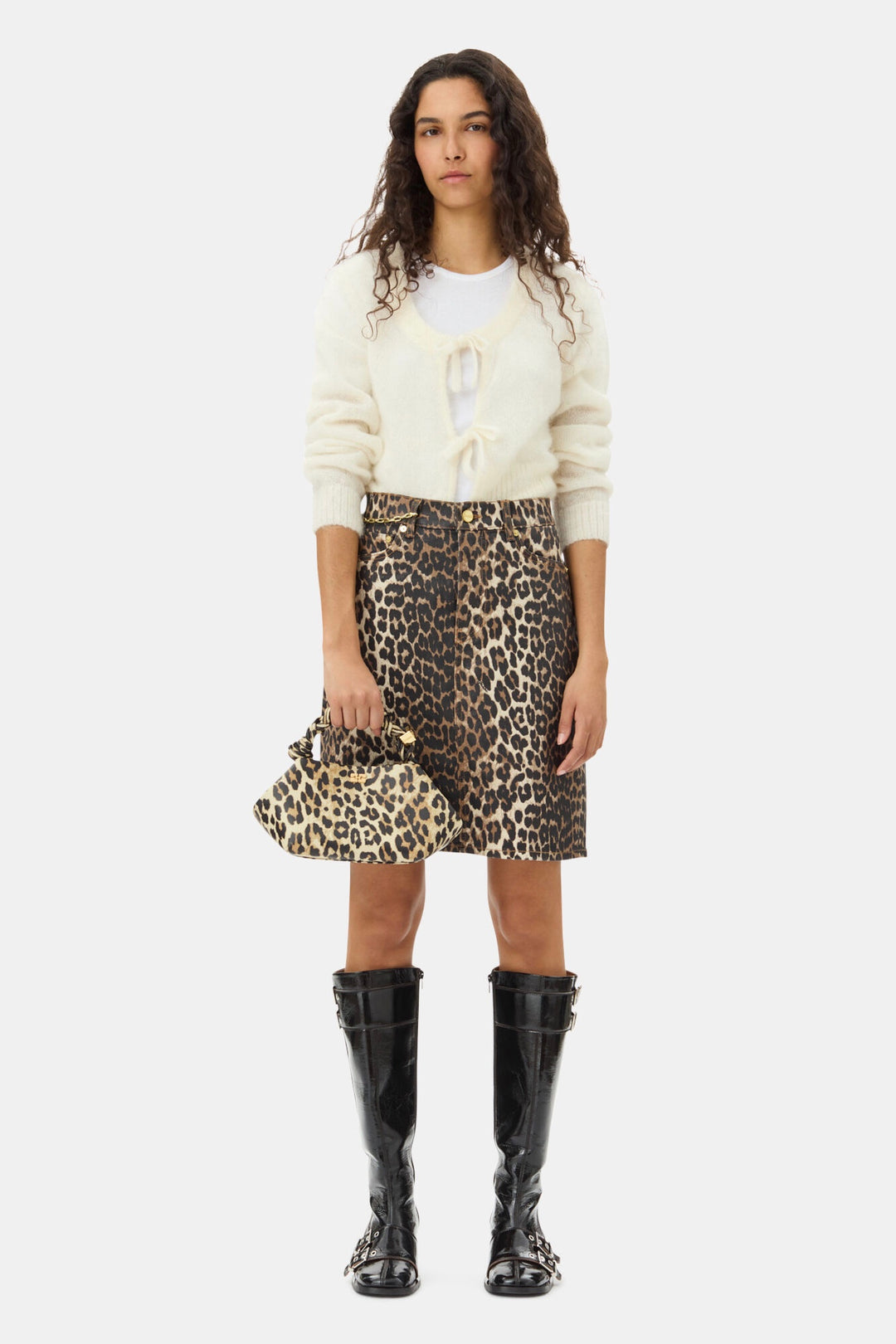 Leopard Foil Print Denim Skirt