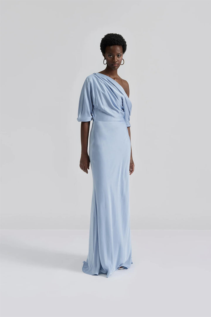 Marisa Asymmetrical Satin Maxi Dress Dusty Blue