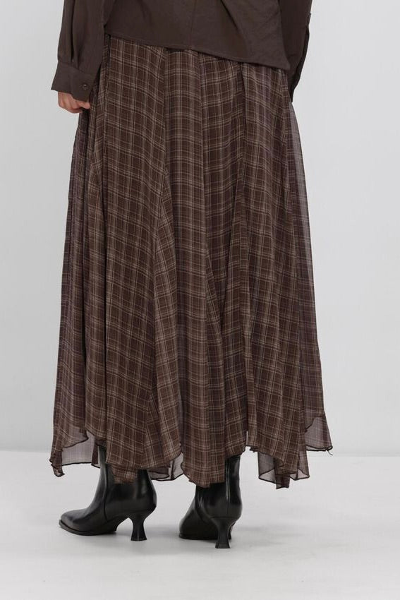 Asymmetric Checked Maxi Skirt Marrone