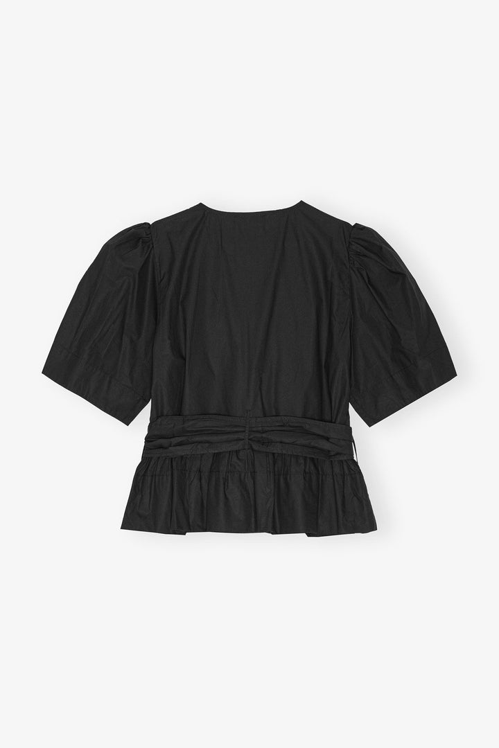 Washed Stretch Cotton Tie Strap Blouse Black