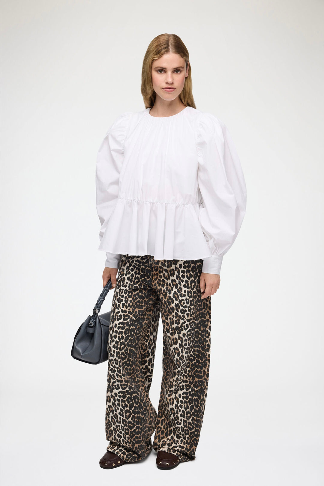 Compact Poplin Gathered Peplum Blouse Bright White