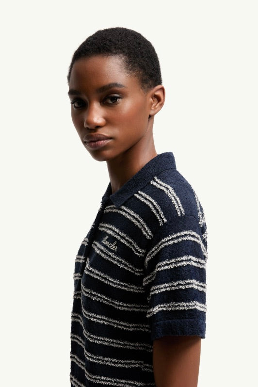 Cotton Blend Bouclé Crêpe Polo Shirt Navy