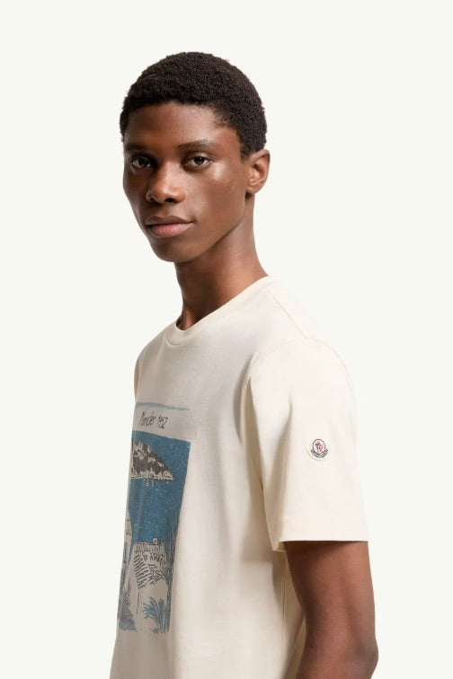 Seaside Print Cotton T-Shirt Open White