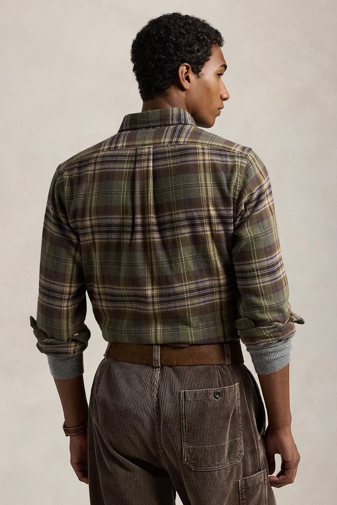 Custom Fit Plaid Brushed Flannel Shirt Olive/Brown Multi