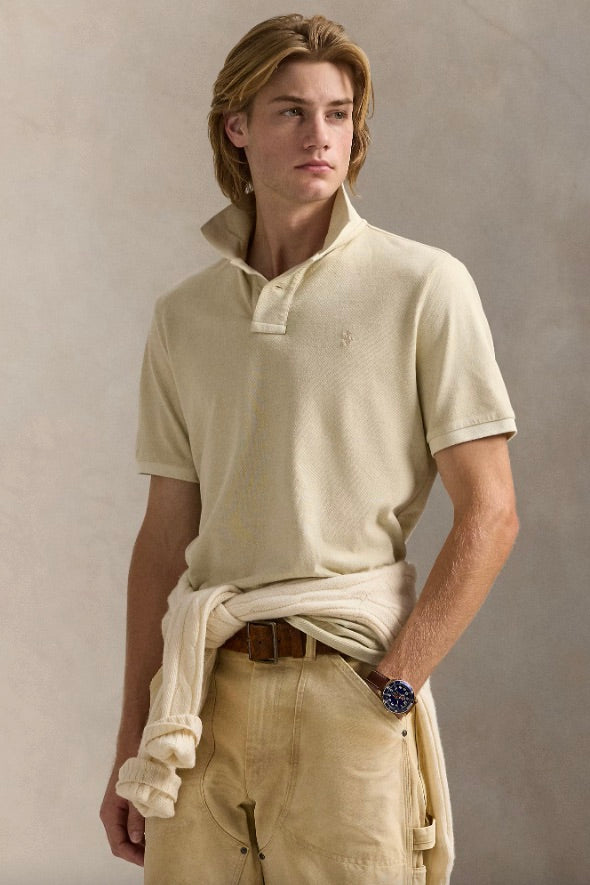 Custom Slim Mineral-Dyed Mesh Polo Shirt Natural