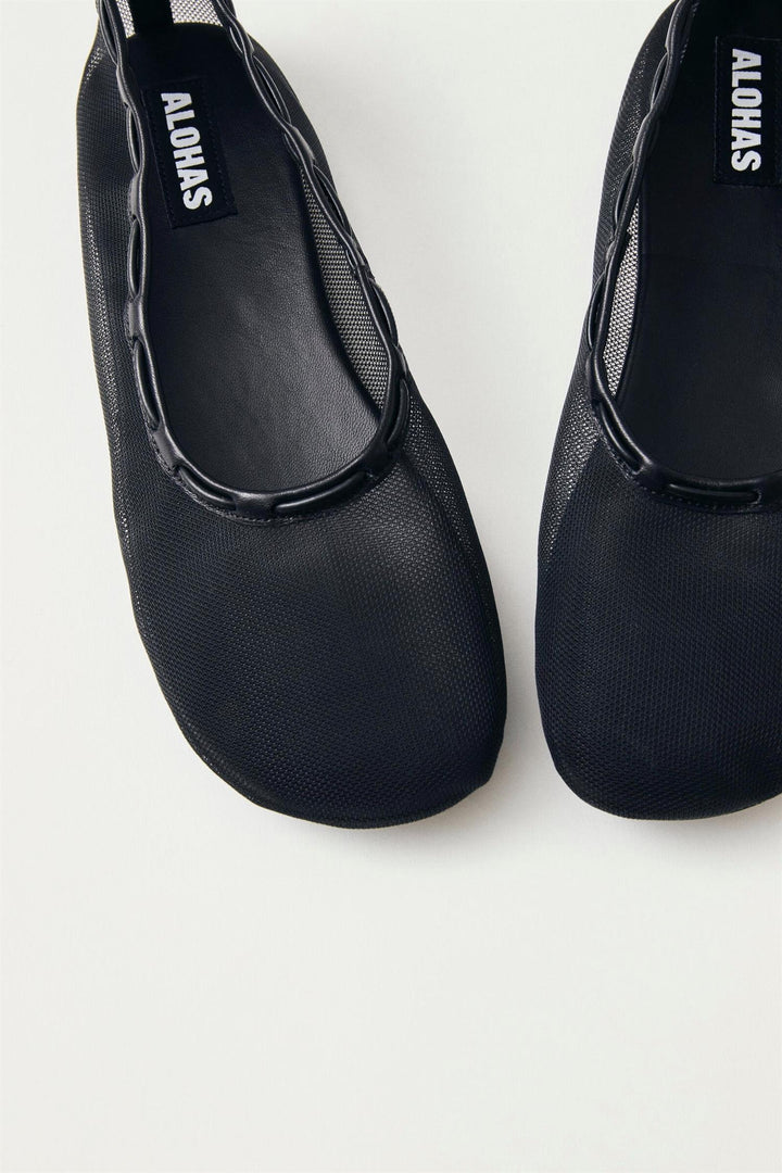 Gill Mesh Black Leather Ballet Flats