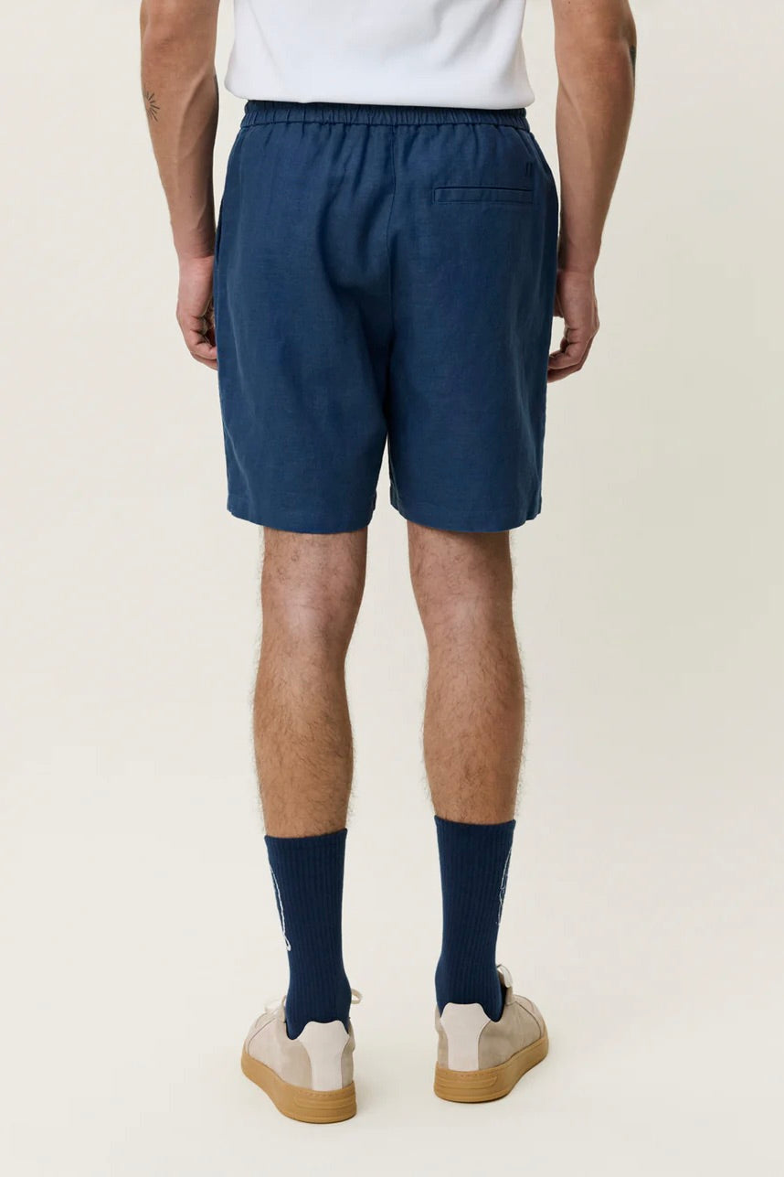 Drawstring Linen Shorts Dark Denim Blue