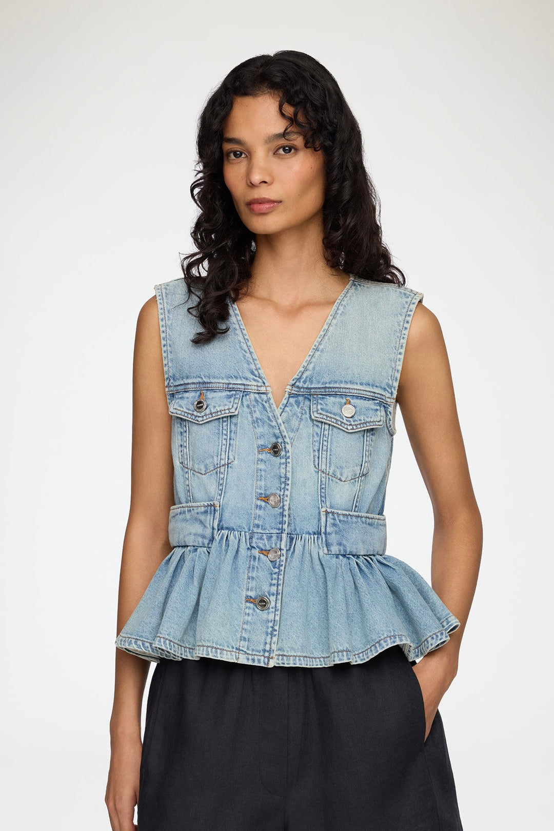 Lightweight Denim Peplum Vest Light Vintage Blue