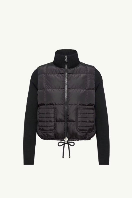 Square-Quilted Padded Wool Zip-Up Cardigan Black