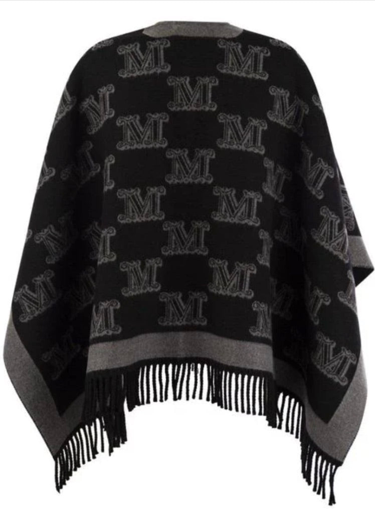 Frine Jacquard Wool Poncho Black