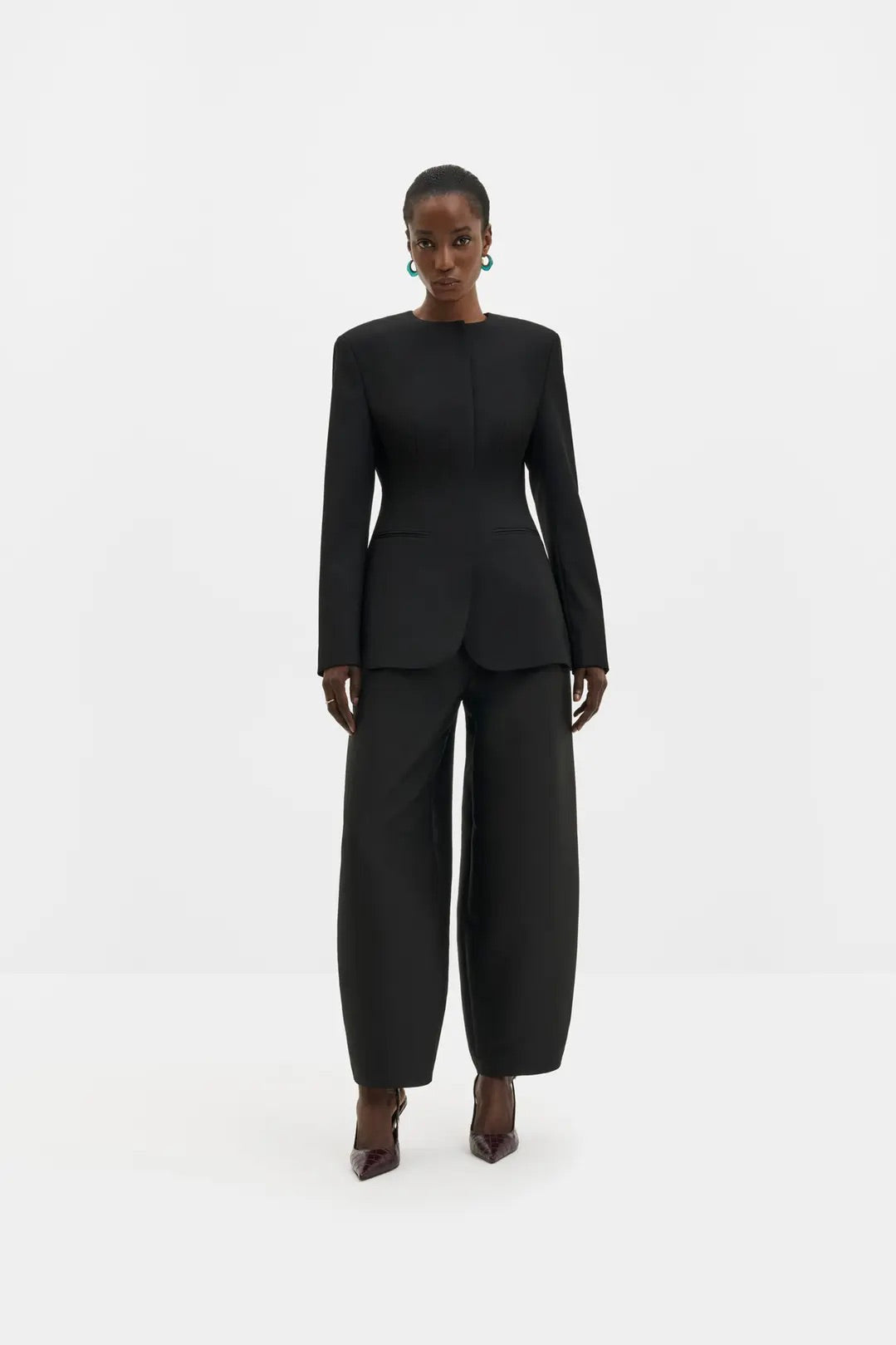 Carol Collarless Wool-Silk Evening Blazer Black