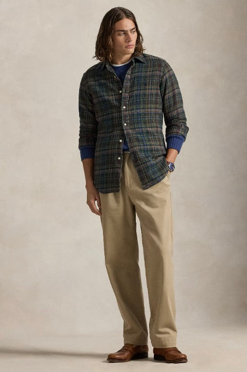 Custom Fit Plaid Brushed Flannel Shirt Pine Navy Multi