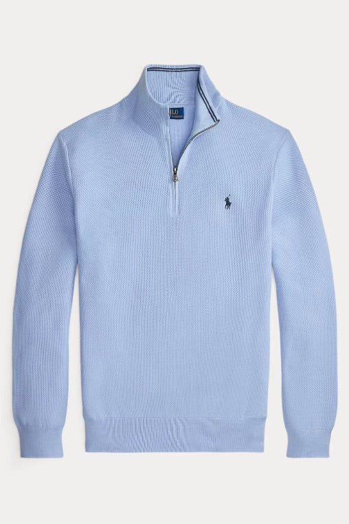 Mesh-Knit Cotton Quarter-Zip Jumper Office Blue