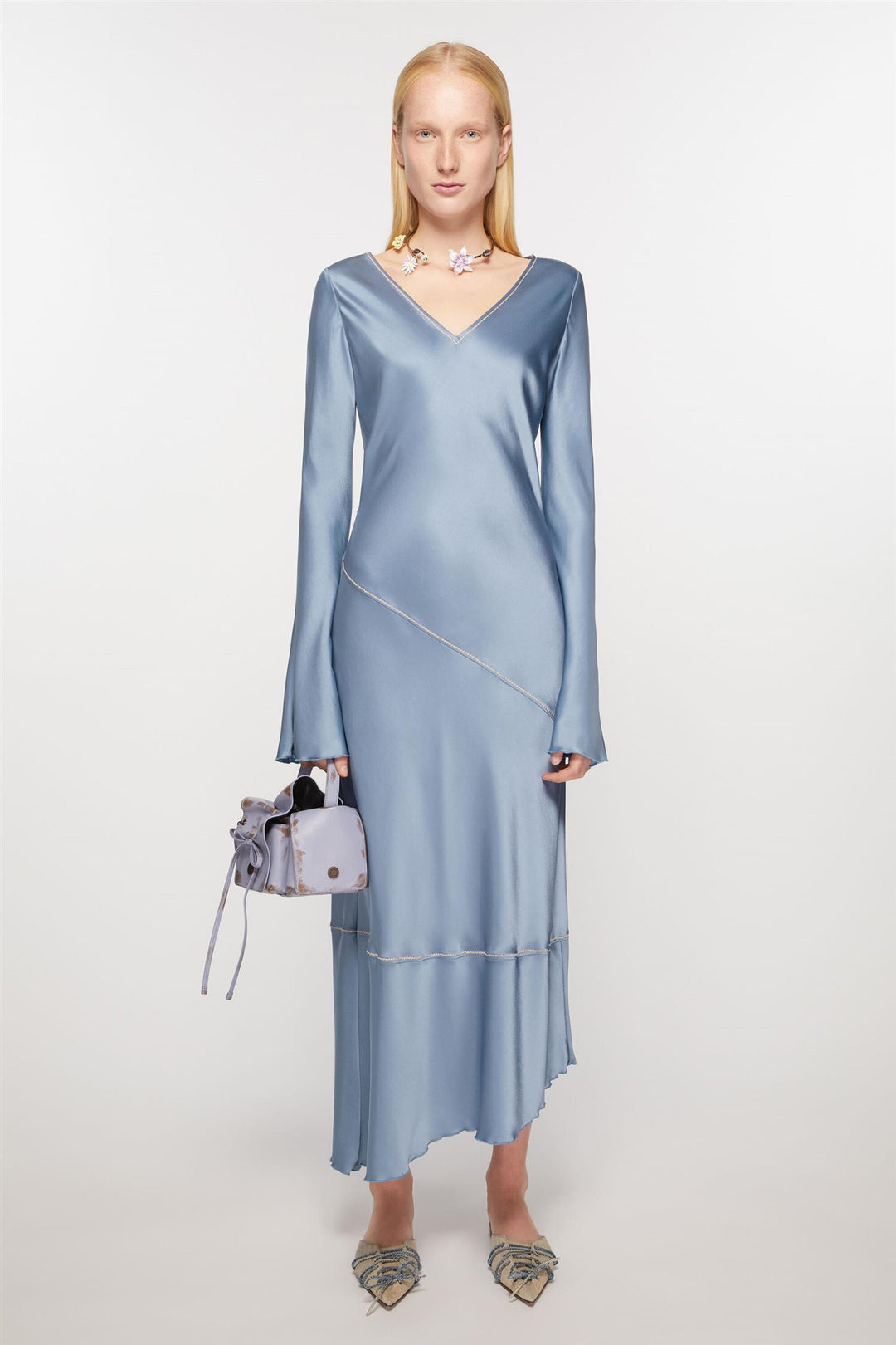 SATIN LONG DRESS - DUSTY BLUE