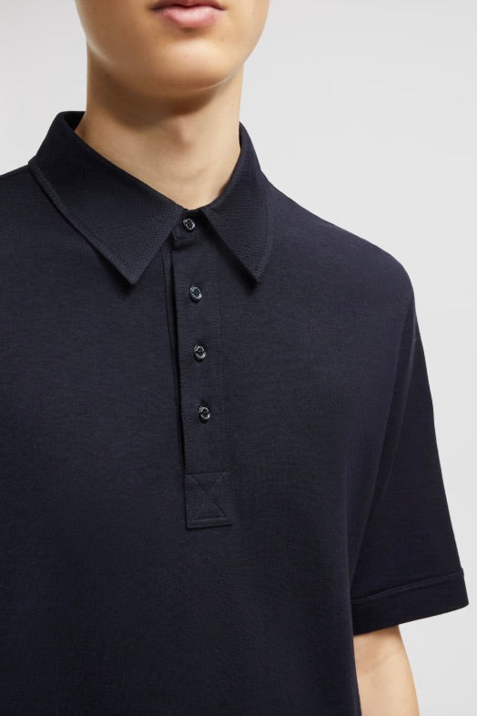 Double Leather Logo Cotton Polo Shirt Navy