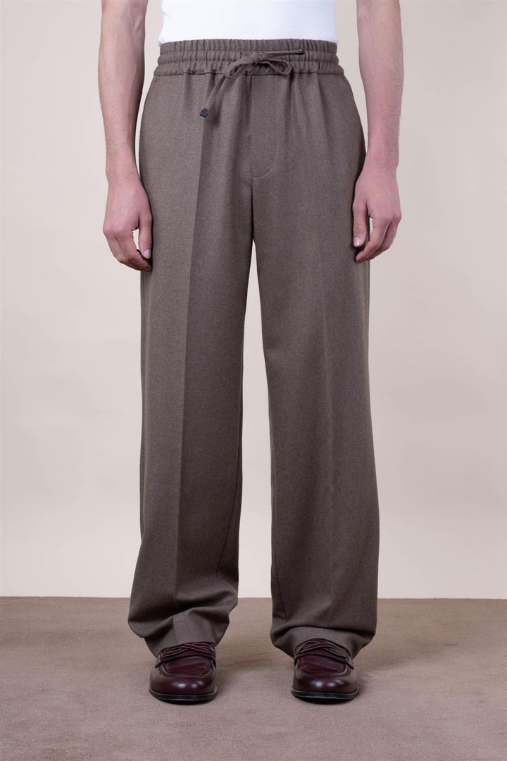 Elastic Waist Flannel Pants Light Brown