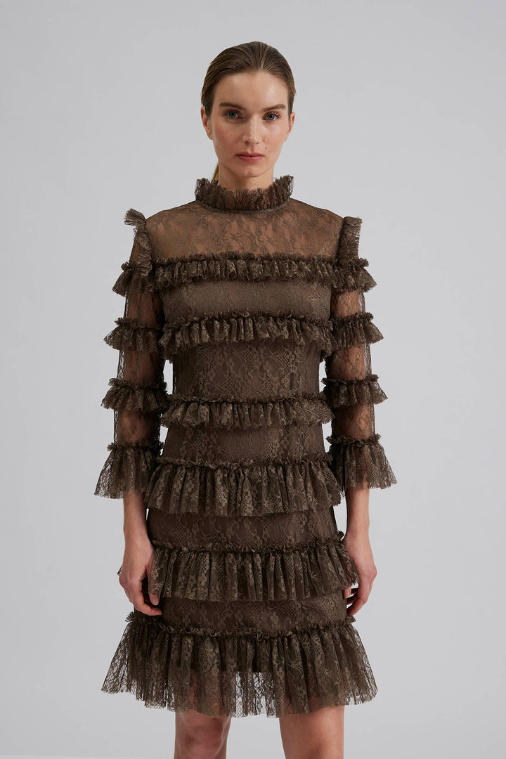 Carmine Frill Mini Lace Dress - Chocolate