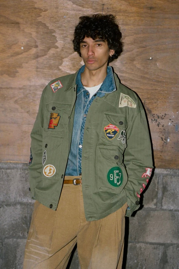 Herringbone Utility Patchwork Jacket Faded Hunter Green