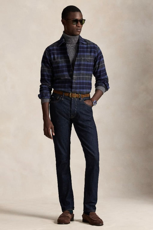 Classic Fit Plaid Twill Workshirt Navy/Grey Heather
