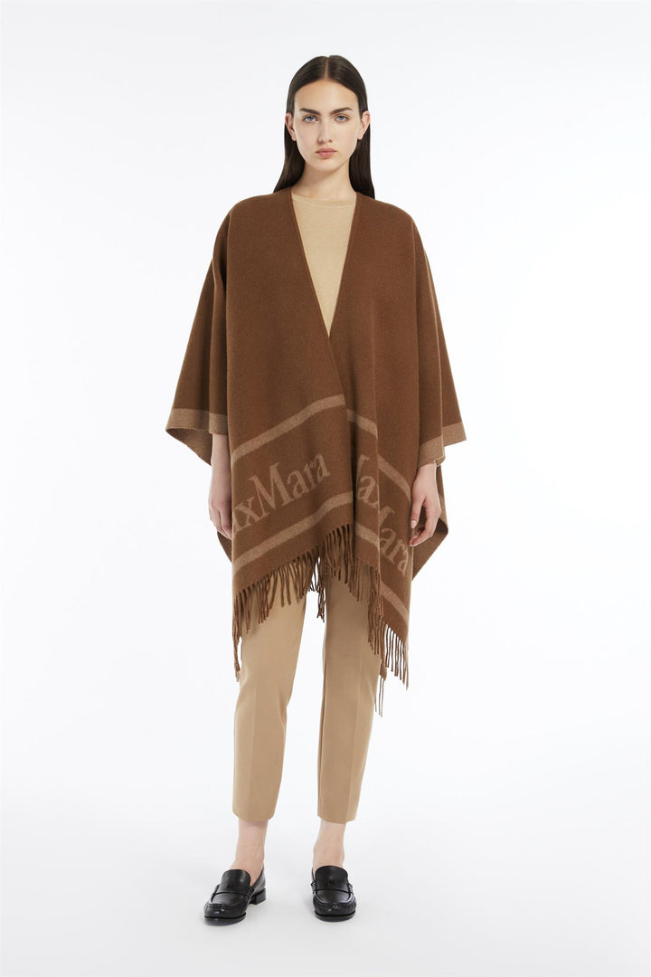 Hilde Jacquard Logo Wool Poncho Tobacco