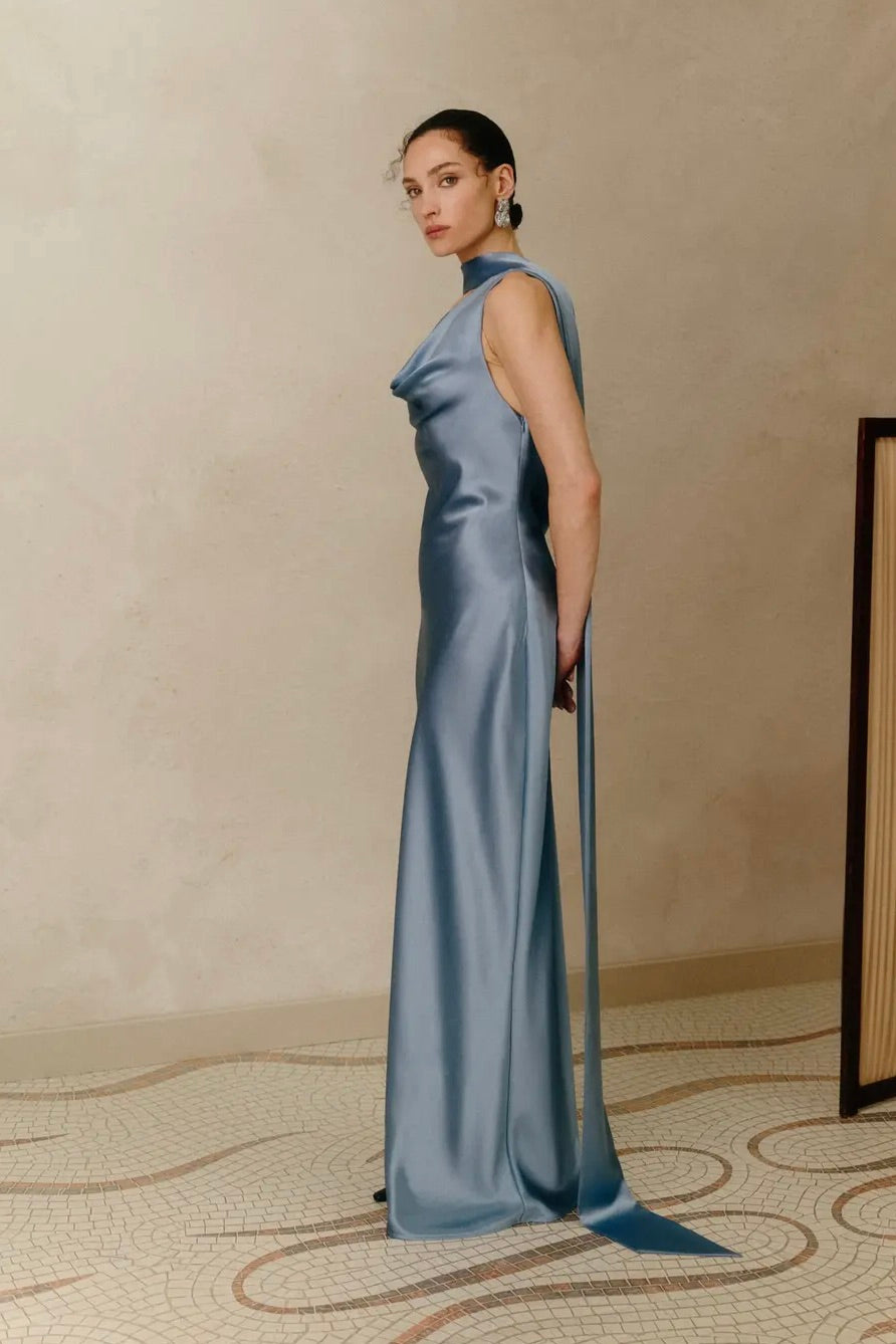 Vida Cowl Neck Scarf Maxi Dress Steel Blue