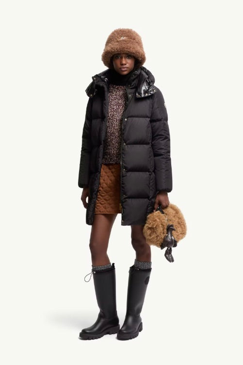 Litte Square-Quilted Hooded Long Down Jacket Black
