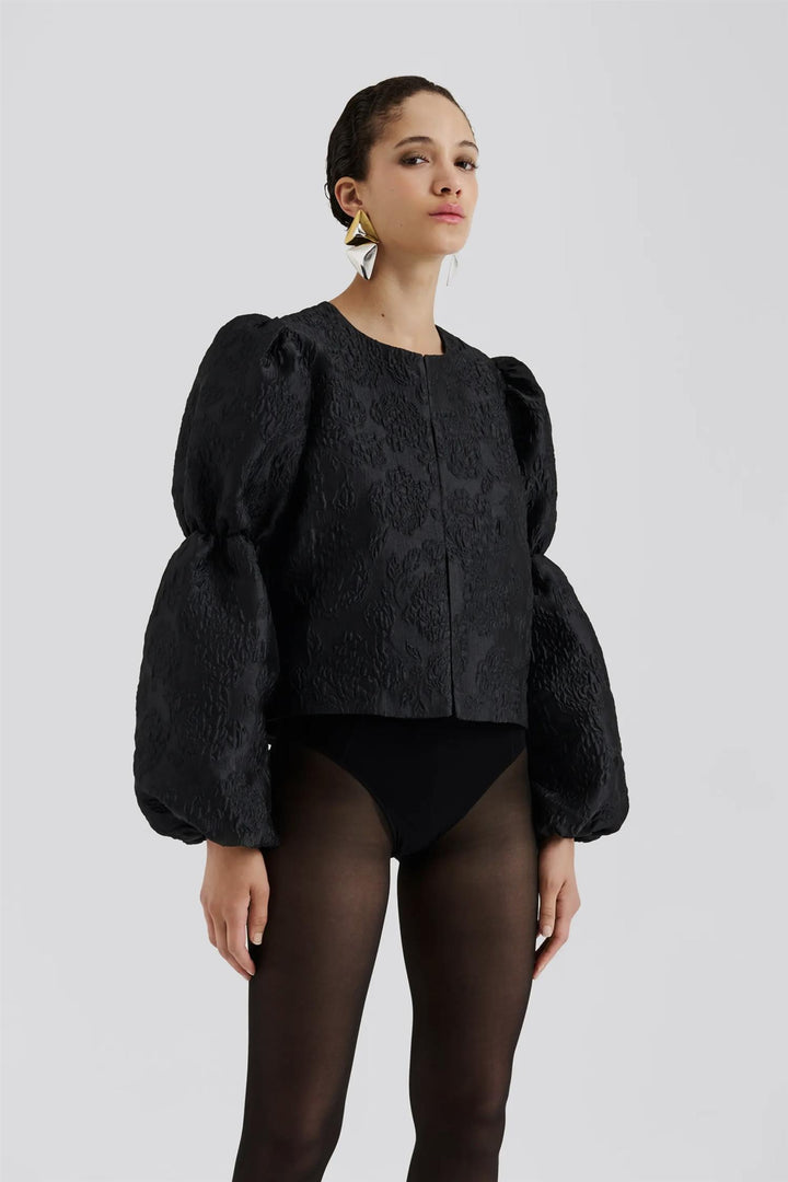 Zoey Double Pouf Sleeve Blouse Black Jacquard