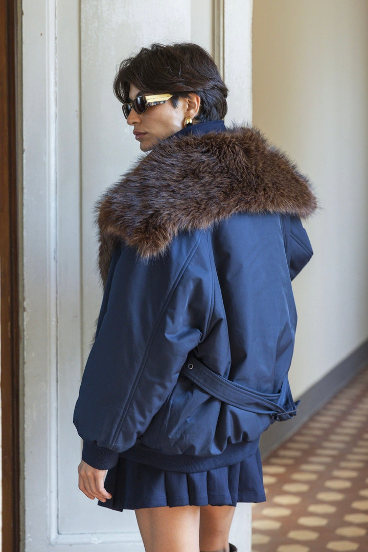 Padded Faux-Fur-Trim Jacket Blue