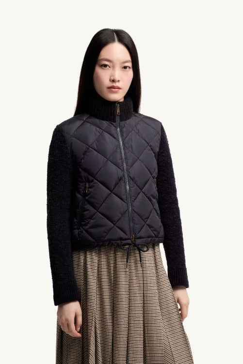 Cotton Blend Padded Zip-Up Cardigan Navy Blue