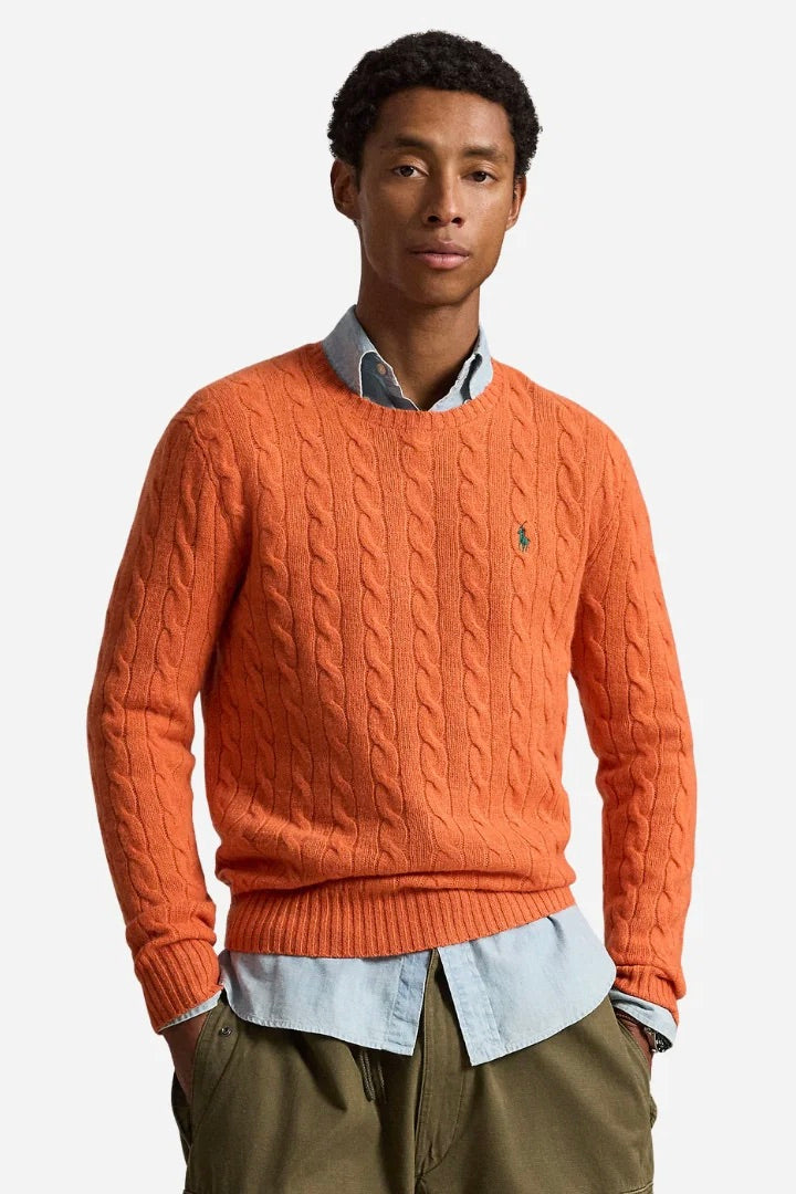 Cable-Knit Wool Cashmere Sweater Orange Jasper Heather