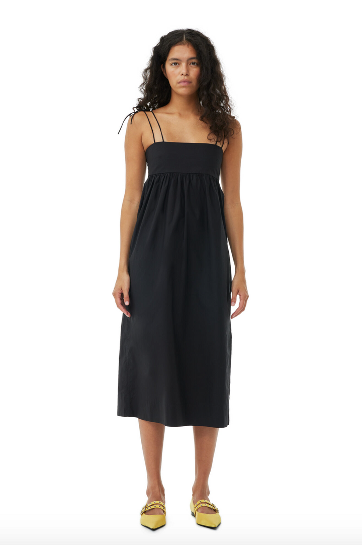 Cotton Poplin String Midi Dress - Black