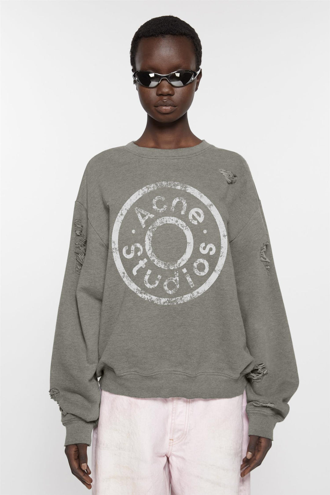 Sweater Logo Print Distressed Moss Green