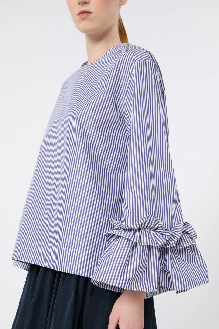 Poplin Blouse with Ruffles and Flounces Light Blue Stripe