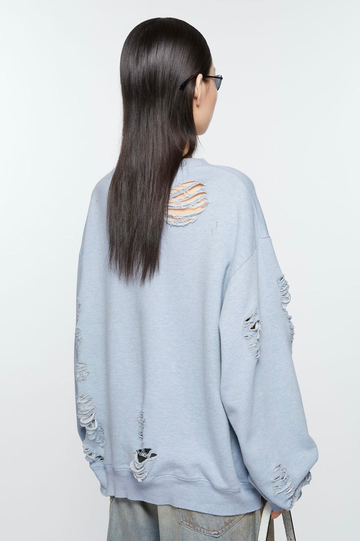 Sweater Logo Print Distressed Blue Melange