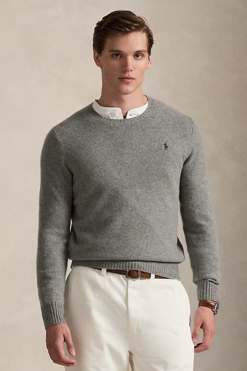 Wool Cashmere Crewneck Sweater Fawn Grey Heather