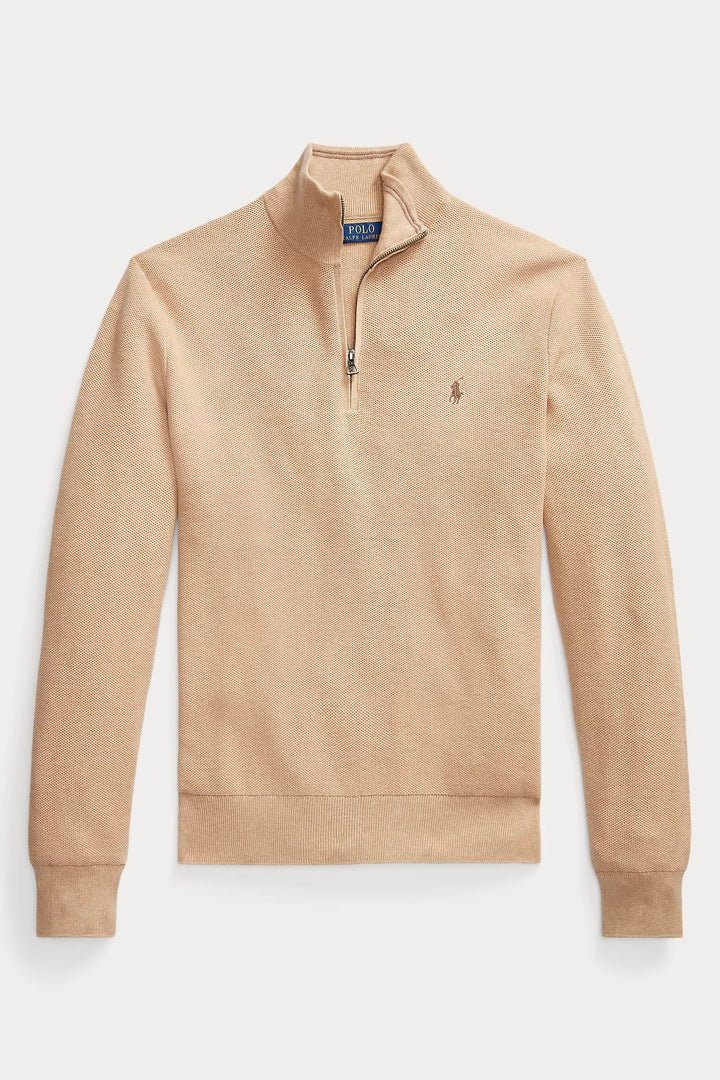 Mesh-Knit Cotton Quarter-Zip Jumper Camel Melange