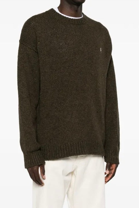 Logo-Embroidered Ribbed-Knit Sweater Olive Brown Marl