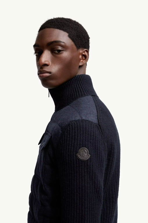 Padded Wool Zip-up Cardigan Navy Blue