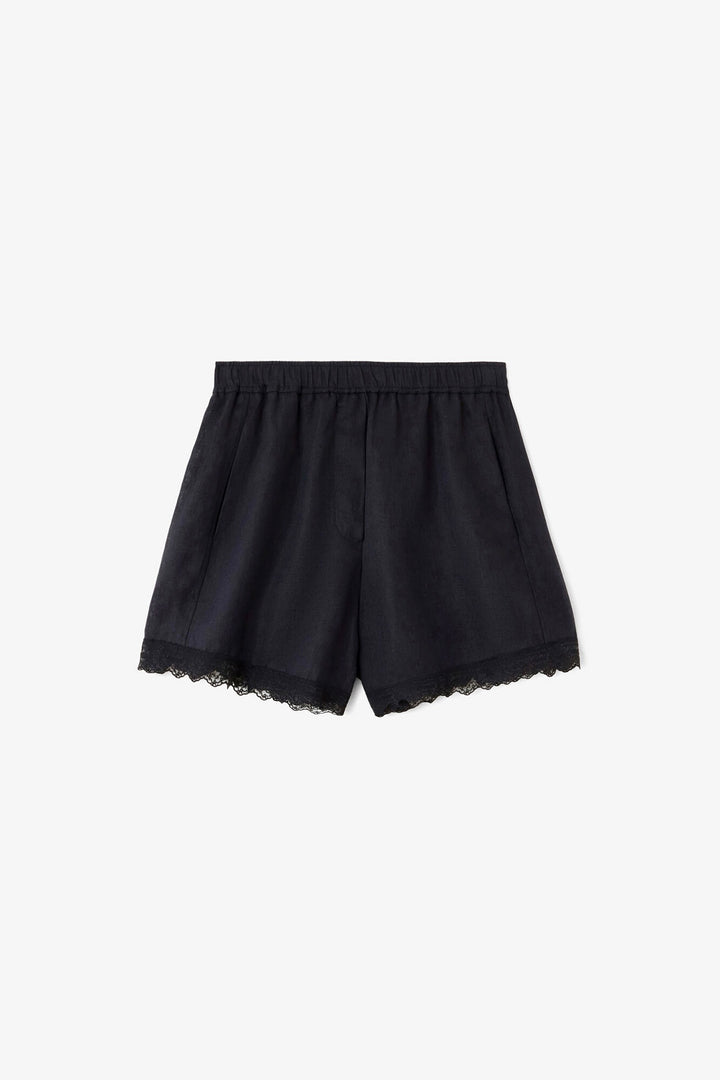 Light Linen Lace Hem Shorts Black
