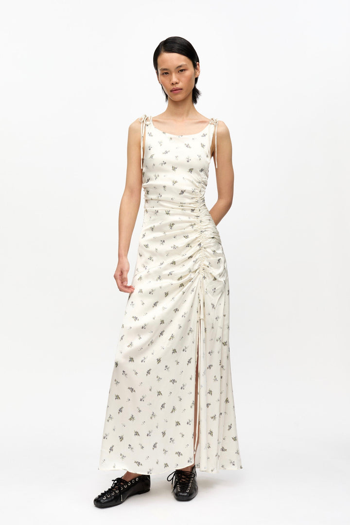 Printed Satin Gathered Long Dress