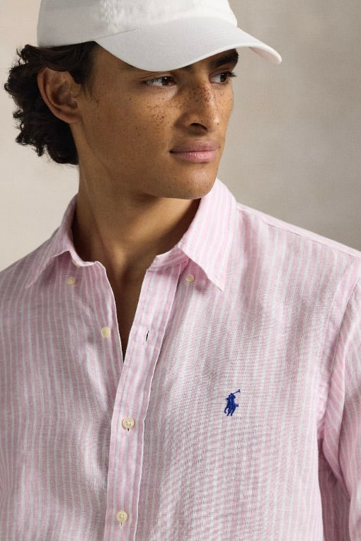 Custom Fit Striped Linen Shirt Pink White